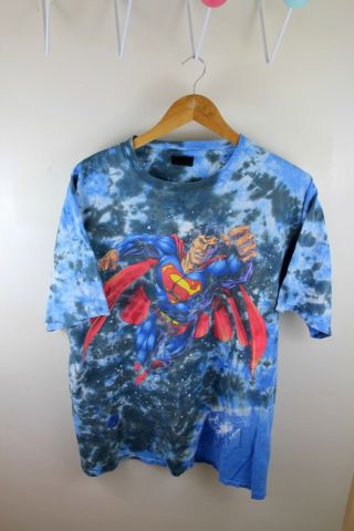 Vintage Superman 1997 Tie Dye Shirt Sz L Blue 90s Dc Changes Grateful Dead