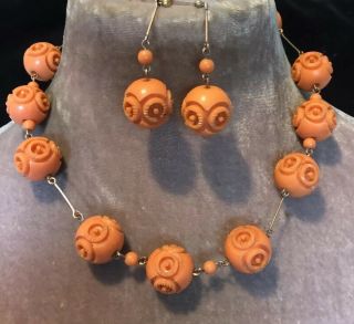 Vintage Art Deco Jewellery Fab Large Coral Carved Celluloid Bead Necklace Set