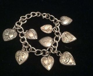 Antique Vintage Sterling Silver Heart Charm Bracelet On Repousse Design Bracelet