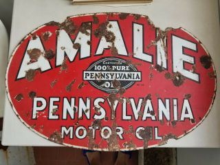 Awesome Vintage Amalie Motor Oil Pennsylvania Porcelain Enamel Double Sign 20x30