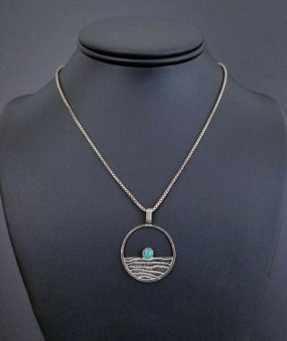Vtg 925 Sterling Silver Artisan Opal Sunset Etched Pendant Necklace,  1 " 9g