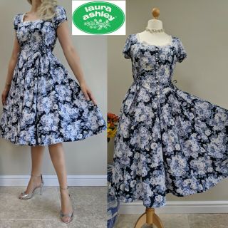 Vintage Laura Ashley Blue Tea Rose 50s Style Corset Tie Waist Dress Uk 14 Us 10