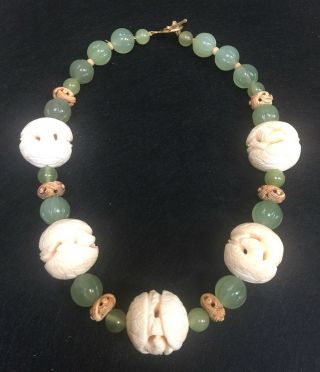 Vintage Chinese Carved Extra Large Bovine Bone Bead & Green Jade Necklace