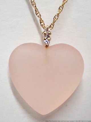 Vintage 14k Yellow Gold Fine Diamond Natural Rose Quartz Heart Shaped Necklace