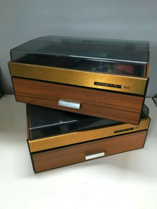 Pair Vintage Cassette Storage Boxes Cases Wood Effect & Perspex - 2x69 Tapes