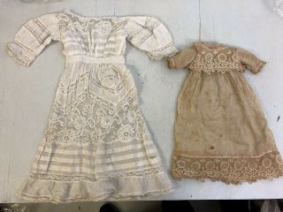 2 Antique Doll Dresses For Porcelain Dolls 1 Silk 1 Cotton,  Lace