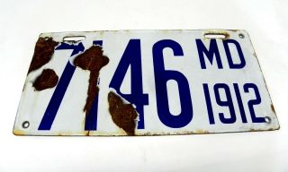 Vintage 1912 Maryland Enamel Porcelian License Plate Collectors Item