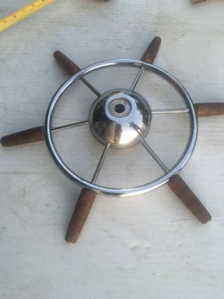 VINTAGE Boat Nautical Chrome TeakWood Steering Wheel Six Spokes 18 