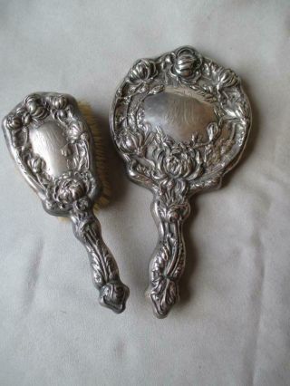 Sterling Silver Dressing Hand Mirror And Brush - Chrysanthemums