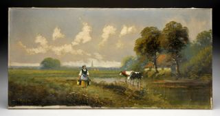 Fine 19th Century Dutch Maiden Cow Woodland Landscape Antique Oil Painting