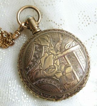 Antique Victorian Bird & Nest Gold Filled Pocket Watch Locket Chain Necklace