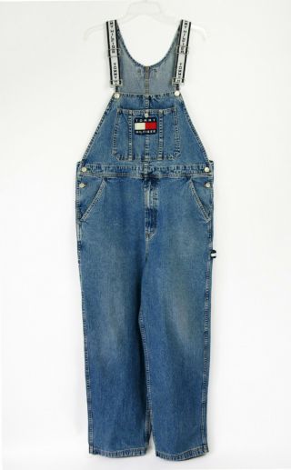 Vintage 90s Tommy Hilfiger Denim Overalls Flag Spell Out Jeans Distressed Sz L