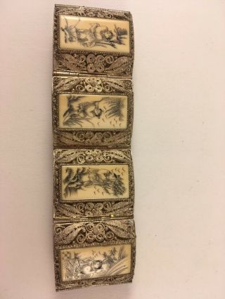 Vintage Asian Scrimshaw Bone And Silver Tone Filigree Panels