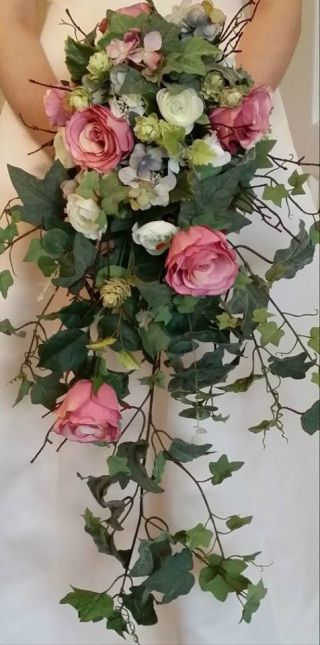 Vintage Brides Cascading Wedding Bouquet Rose Hydrangea Ivy Ranunculus Silk