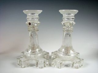 Early American Flint Glass Candlesticks With Lacy Sockets Circa 1835 Antique
