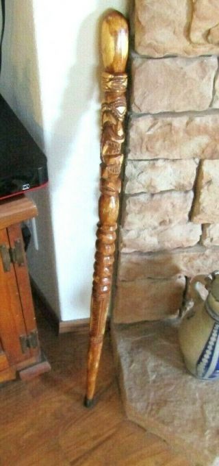 Vintage Hawaii Hand Carved Koa Wood Walking Stick With Tiki God Intricate Carve