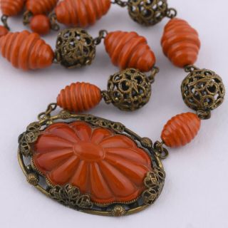 Vintage Art Deco Czech Molded Amber Glass Pendant Necklace