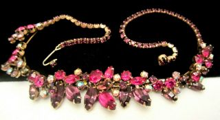 Rare Vintage 16x1 " Signed Weiss Goldtone Pink Purple Ab Rhinestone Necklace M6
