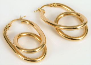 Vintage Designer Signed Italy 14k Yellow Gold Modernist Swirling Hoop Earrings