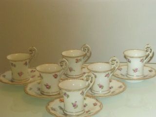 Stunning Set Of 6 Antique Dresden Floral Decorated Porcelain Cups & Saucers