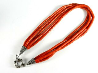 Vintage Bali Solid 925 Sterling Silver Beaded Choker Necklace 5 Row Coral 18 "