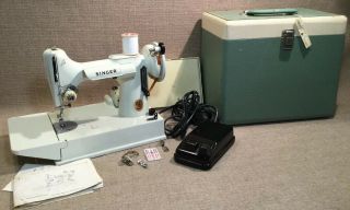 Vintage Singer Sewing Machine 221k Portable Featherweight With Carry Case