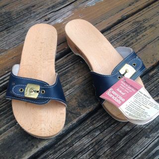 Vintage Dr Scholls Navy Blue Wood Leather Sandals 7 Slip On Womens Shoes 70s 80s
