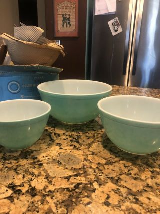 VINTAGE NOS Turquoise Pyrex Mixing Bowls 3