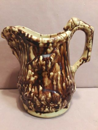 Vintage Rockingham Drip Glazed Pottery Pitcher Hound Handle & Face On Spout