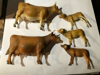 5 Vintage Breyer Jersey Cow And Calf Set Rare Usa Stamp Brown Swiss Horn Polled