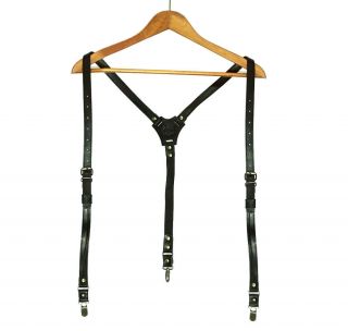 Mens Black Leather Vintage Clip - On Suspenders Braces Y - Shape Adjustable