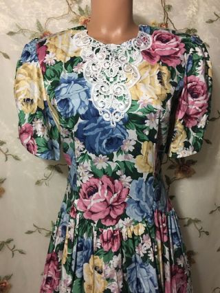 Vintage Jessica Mcclintock Gunne Sax Floral Peasant Dress Puff Sleeves Sz 11/ 12