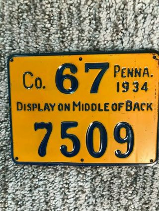 Vintage 1934 Co 67 Tin Pennsylvania Hunting License