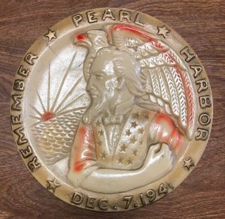 Vintage Chalkware Remember Pearl Harbor Medallion - Carnival Prize Americana