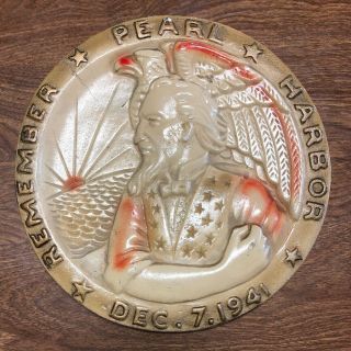 Vintage Chalkware Remember Pearl Harbor Medallion - Carnival Prize Americana 4