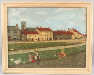 1894 Antique Signed Folk Art English Village Oil Painting Children Ducks Donkey 2