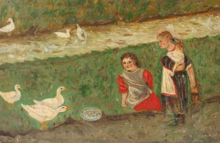 1894 Antique Signed Folk Art English Village Oil Painting Children Ducks Donkey 4