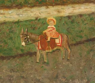1894 Antique Signed Folk Art English Village Oil Painting Children Ducks Donkey 6