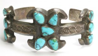 Vintage Navajo Sterling Silver Early Ingot Turquoise Cluster Cuff Bracelet 54g