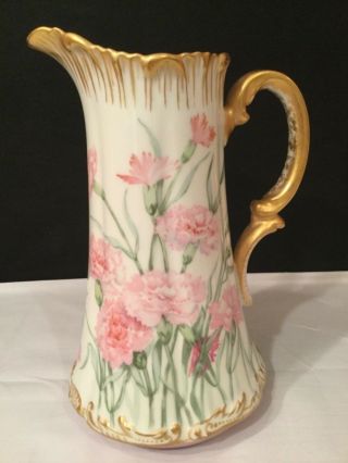 Vintage T&v Limoges France Hand Painted Pink Carnation Flowered Pitcher Tankard