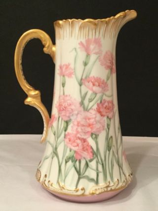 Vintage T&V LIMOGES France Hand Painted Pink Carnation Flowered Pitcher Tankard 4