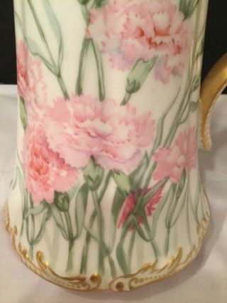 Vintage T&V LIMOGES France Hand Painted Pink Carnation Flowered Pitcher Tankard 5