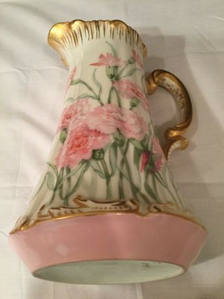 Vintage T&V LIMOGES France Hand Painted Pink Carnation Flowered Pitcher Tankard 7