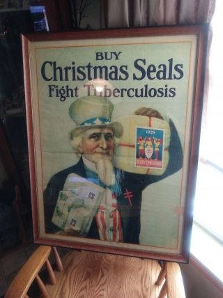 Rare 1926 Uncle Sam Buy Christmas Seals Fight Tuberculosis Framed Poster