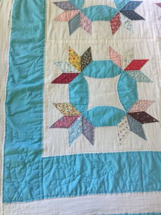 Vtg Handmade Hand Stitched KING Quilt 92” x 110” Turquoise 10