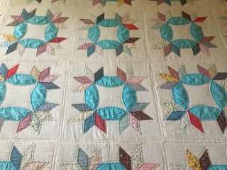 Vtg Handmade Hand Stitched KING Quilt 92” x 110” Turquoise 2