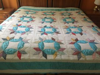 Vtg Handmade Hand Stitched KING Quilt 92” x 110” Turquoise 4