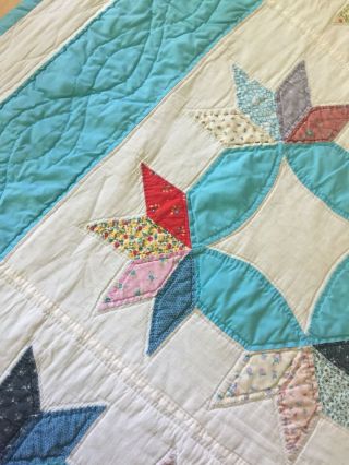 Vtg Handmade Hand Stitched KING Quilt 92” x 110” Turquoise 8
