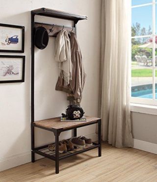 Vintage Dark Brown Industrial Look Entryway Bench Coat Rack Hall Tree 7 Hooks