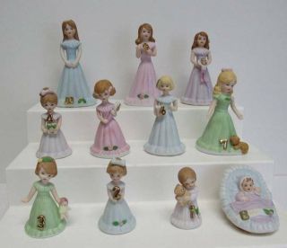 Vintage Enesco Growing Up Porcelain Dolls Figurines Birth 1 2 3 4 5 6 7 9 10 11